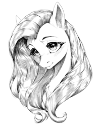 Size: 3500x4500 | Tagged: safe, artist:monanniverse, fluttershy, pegasus, pony, g4, bust, grayscale, looking at you, monochrome, portrait, simple background, solo, white background