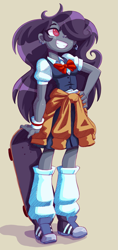 Size: 1411x3000 | Tagged: safe, artist:shadowhawx, oc, oc only, oc:dawn star, human, equestria girls, g4, beige background, bowtie, clothes, commission, female, grin, hair over one eye, hand on hip, simple background, skateboard, smiling, socks, solo, sweater around waist, vest