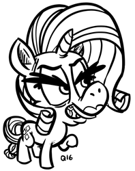 Size: 514x650 | Tagged: dead source, safe, artist:elerq, rarity, pony, g4, 2016, black and white, female, grayscale, lidded eyes, mare, monochrome, raised hoof, signature, simple background, solo, tail, white background