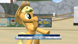 Size: 1600x900 | Tagged: safe, applejack, earth pony, pony, g4, 4chan cup, applejack's hat, cowboy hat, female, game screencap, hat, mare, raised hoof, rearing, solo, text