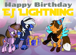 Size: 600x440 | Tagged: safe, artist:noi kincade, oc, oc only, oc:ej, oc:ghostpony, oc:princess kincade, alicorn, g4, eyes closed, female, happy birthday, hat, male, party hat, present, smiling