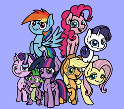 Size: 2048x1813 | Tagged: safe, artist:ewoudcponies, applejack, fluttershy, pinkie pie, rainbow dash, rarity, spike, starlight glimmer, twilight sparkle, alicorn, dragon, earth pony, pegasus, pony, unicorn, g4, female, flying, horn, lidded eyes, looking at you, male, mane seven, mane six, mare, open mouth, open smile, purple background, simple background, smiling, smiling at you, spread wings, twilight sparkle (alicorn), waving, wingless spike, wings