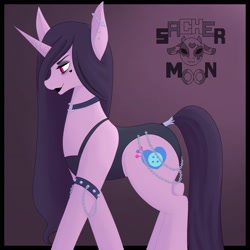 Size: 3508x3508 | Tagged: safe, artist:moonsacher, izzy moonbow, pony, unicorn, g5, black lipstick, chains, choker, clothes, ear piercing, earring, eyebrows, female, goth, goth izzy, gradient background, headcanon, horn, jewelry, lipstick, makeup, mare, piercing, signature, solo, spiked wristband, wristband