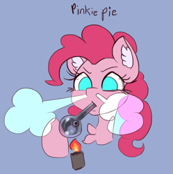 Size: 959x961 | Tagged: safe, artist:alexsavenije, pinkie pie, earth pony, pony, g4, bloodshot eyes, blue eyes, chest fluff, cocaine, colored ear fluff, crack pipe, curly hair, curly mane, drug use, drugs, ear fluff, exhale, furrowed brow, glassware, gray background, handwriting, hoof hold, lighter, meth, narrowed eyes, no catchlights, no pupils, pink coat, pink mane, pipe, simple background, smoke, smoking, solo, text