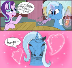 Size: 3279x3077 | Tagged: safe, artist:ligmire, starlight glimmer, trixie, pony, unicorn, g4, comic, detailed background, dialogue, drink, duo, duo female, female, heart, hoers, horn, lesbian, magic, magic aura, man i'm so hungry / how hungry, mare, meme, ponified meme, ship:startrix, shipping, speech bubble, spit take, telekinesis