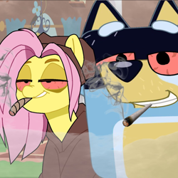 Size: 1280x1280 | Tagged: safe, artist:wuz1e, fluttershy, pegasus, pony, g4, bandit heeler, beanie, bloodshot eyes, bluey, blunt, clothes, crossover, drug use, drugs, duo, duo male and female, female, flutterhigh, hat, high, hoodie, hotbox, male, marijuana, pink mane, puffy eyes, shitposting, smoke cloud, smug, yellow coat