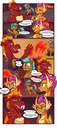 Size: 2480x5508 | Tagged: safe, artist:moonseeker, garble, smolder, oc, oc:cyan sand, dragon, earth pony, pony, comic:tea party 3, series:tea party, g4, canon x oc, comic, dialogue, dragoness, female, lava