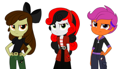 Size: 5233x3000 | Tagged: safe, artist:machakar52, edit, vector edit, apple bloom, scootaloo, sweetie belle, human, elements of insanity, equestria girls, g4, alternate cutie mark, alternate universe, belt, belt buckle, bow, clothes, creepy belle, cutie mark crusaders, cutie mark monsters, cutie mark on clothes, female, francie bloom, frown, hair bow, hand on hip, hands behind back, headband, karateloo, looking at you, simple background, transparent background, trio, trio female, vector