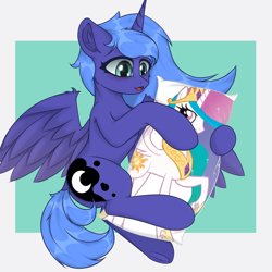 Size: 1200x1200 | Tagged: safe, artist:門久, princess celestia, princess luna, alicorn, pony, g4, blushing, body pillow, concave belly, duo, duo female, female, open mouth, open smile, passepartout, s1 luna, smiling, solo focus