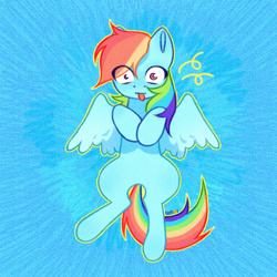 Size: 2900x2900 | Tagged: safe, artist:resoi0, rainbow dash, earth pony, pegasus, g4, abstract background, eye clipping through hair, female, mare, partially open wings, solo, tongue out, upright, wings