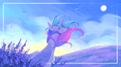 Size: 1920x1067 | Tagged: safe, artist:yuyusunshine, princess celestia, alicorn, pony, g4, cloud, crepuscular rays, curved horn, digital art, ethereal mane, feather, female, flowing mane, folded wings, grass, horn, mare, moon, sad, signature, sitting, sky, solo, starry mane, sternocleidomastoid, sunlight, thinking, wallpaper, wings