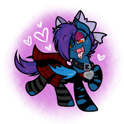 Size: 1300x1300 | Tagged: safe, artist:paperbagpony, oc, oc only, oc:stardust(cosmiceclipse), bat pony, pony, bat pony oc, bow, clothes, collar, crossdressing, fangs, femboy, hair bow, male, piercing, skirt, socks, solo, striped socks, tongue out, tongue piercing