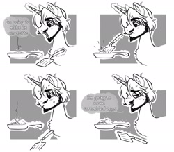 Size: 3000x2622 | Tagged: safe, artist:opalacorn, oc, oc only, oc:logic loop, pony, unicorn, 4 panel comic, beard, black and white, bust, comic, dialogue, egg (food), facial hair, food, frying pan, grayscale, horn, levitation, magic, male, monochrome, moustache, simple background, solo, spatula, speech bubble, stallion, telekinesis, white background