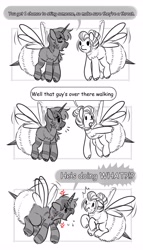 Size: 2345x4096 | Tagged: safe, artist:opalacorn, oc, oc only, oc:silver stream, oc:void, alicorn, bee pony, original species, zebra, zebra alicorn, black and white, comic, cross-popping veins, dialogue, duo, duo male and female, emanata, female, flying, grayscale, male, mare, monochrome, partial color, pointing, speech bubble, stallion