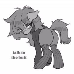 Size: 4096x4096 | Tagged: safe, artist:opalacorn, oc, oc only, earth pony, pony, black and white, butt, clothes, female, grayscale, lidded eyes, looking back, mare, monochrome, plot, rear view, simple background, socks, solo, sweater, text, white background