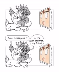 Size: 3357x4096 | Tagged: safe, artist:opalacorn, oc, oc only, alicorn, deer, deer pony, hybrid, original species, :3, anime, chest fluff, choker, dialogue, duo, eating, food, glasses, lying down, my deer friend nokotan, noko shikanoko, popcorn, prone, round glasses, simple background, speech bubble, television, white background