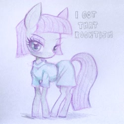 Size: 2980x2980 | Tagged: safe, artist:ieatedyuripizza, maud pie, earth pony, pony, g4, autism, chibi, clothes, colored pencil drawing, dress, female, mare, pun, solo, text, traditional art