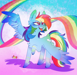 Size: 1100x1073 | Tagged: safe, artist:ayyolilikoi, rainbow dash, pegasus, pony, g4, :p, alternate design, chest fluff, ear fluff, female, fetlock tuft, leg markings, leg stripes, mare, narrowed eyes, peace sign, rainbow, solo, stripes, tongue out, wing hands, wings