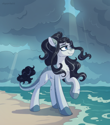 Size: 2000x2274 | Tagged: safe, artist:skysorbett, oc, oc only, hybrid, pony, beach, chest fluff, cloud, coat markings, crepuscular rays, female, hybrid oc, long tail, mare, nature, ocean, outdoors, raised hoof, sand, smiling, solo, tail, water, wave