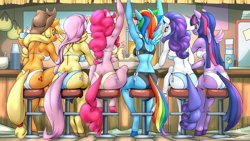 Size: 2560x1440 | Tagged: safe, artist:mysticalpha, applejack, fluttershy, pinkie pie, rainbow dash, rarity, twilight sparkle, alicorn, earth pony, pegasus, unicorn, anthro, unguligrade anthro, g4, applebutt, ass, balloonbutt, bar, bar stool, bikini, breasts, busty applejack, busty fluttershy, busty mane six, busty pinkie pie, busty rainbow dash, busty rarity, busty twilight sparkle, butt, clothes, drink, female, flutterbutt, horn, line-up, mane six, mane six plots, mare, plotline, rainbutt dash, rear view, rearity, small wings, swimsuit, tail, tail hole, thong swimsuit, twibutt, twilight sparkle (alicorn), wings