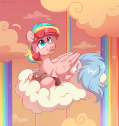 Size: 1967x2097 | Tagged: safe, artist:skysorbett, oc, oc only, oc:cloud mellow, pegasus, pony, bag, cloud, folded wings, looking up, lying down, male, on a cloud, pegasus oc, rainbow, rainbow waterfall, sky, smiling, solo, stallion, sunset, wings