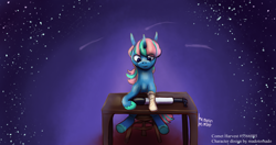 Size: 4096x2160 | Tagged: safe, artist:heavenheathen, artist:heavenheather, oc, oc only, unicorn, amputee, comet, furniture, horn, multicolored mane, prosthetic limb, prosthetics, sitting, sky, solo, stars