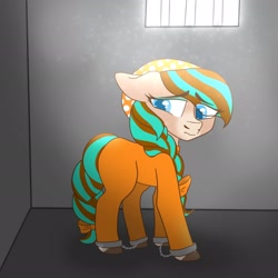 Size: 2048x2048 | Tagged: safe, artist:kittycocoa69, horse, barely pony related, clothes, cocoa (wild manes), cuffed, cuffs, cute, jumpsuit, prison outfit, sad, sadorable, shackles, solo, wild manes