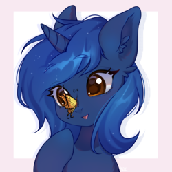 Size: 2280x2280 | Tagged: safe, artist:ruru_01, oc, oc only, oc:starlight blossom, butterfly, pony, unicorn, bust, horn, looking at something, not luna, passepartout, portrait, raised hoof, signature, smiling, solo