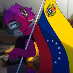 Size: 4000x4000 | Tagged: safe, artist:dibujito, oc, oc only, oc:dib, earth pony, pony, burning, current events, female, fire, flag, flag pole, mare, piercing, sad, solo, venezuela