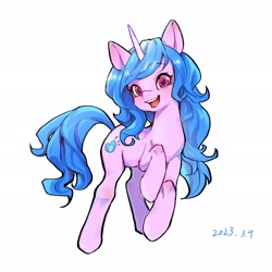 Size: 2048x2048 | Tagged: safe, artist:minghe210, izzy moonbow, pony, unicorn, g5, female, horn, lighter coat, mare, open mouth, simple background, smiling, solo, text, white background