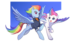 Size: 1516x910 | Tagged: safe, artist:megarock, rainbow dash, zipp storm, pegasus, pony, g4, g5, adorazipp, clothes, cute, dashabetes, duo, duo female, female, feminism, grin, jacket, mare, older, older rainbow dash, open mouth, passepartout, smiling, spread wings, wings, zipp and her heroine