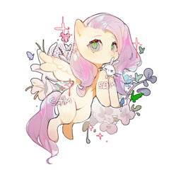 Size: 2486x2500 | Tagged: safe, artist:mengtunshaojing, angel bunny, fluttershy, pegasus, pony, rabbit, g4, animal, female, flower, holding, lighter coat, mare, simple background, white background