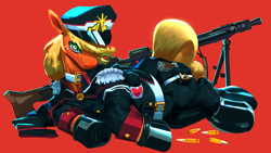 Size: 3840x2160 | Tagged: safe, artist:applephil, applejack, earth pony, pony, g4, ammunition, clothes, gun, machine gun, mg 42, red background, simple background, solo, uniform, weapon