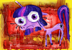 Size: 2339x1654 | Tagged: safe, artist:vomitdistrict, twilight sparkle, pony, unicorn, g4, abstract background, acrylic painting, female, frown, looking at you, mare, solo, traditional art, unicorn twilight