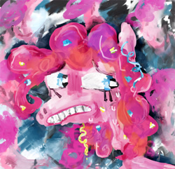 Size: 2134x2058 | Tagged: safe, artist:vomitdistrict, pinkie pie, earth pony, pony, g4, abstract background, acrylic painting, bust, confetti, female, frown, high res, looking sideways, mare, portrait, solo, traditional art