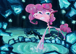 Size: 2339x1654 | Tagged: safe, artist:vomitdistrict, pinkie pie, earth pony, pony, g4, acrylic painting, female, mare, mirror pool, shadow, solo, traditional art, water