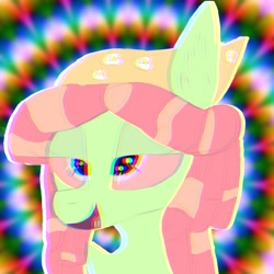 Size: 2048x2048 | Tagged: safe, artist:wornpaladin, artist:worny, tree hugger, pony, g4, bandana, dreadlocks, dreads, drug use, drugs, filter, green skin, happy, high, hippie, joy, lsd, orange mane, psychedelic, purple eyes, relaxed, relaxed face, relaxing, satisfied, stoned, tongue out