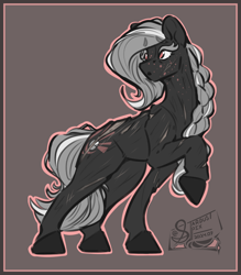 Size: 2800x3200 | Tagged: safe, artist:stardustspix, oc, oc only, oc:ash illumine, earth pony, pony, black coat, black hooves, body scar, border, braid, colored eyebrows, colored eyelashes, earth pony oc, eyebrows, eyebrows visible through hair, facial scar, female, female oc, freckles, gray eyebrows, gray eyelashes, gray mane, gray tail, high res, mare, mare oc, neck freckles, outline, pink eyes, raised hoof, scar, scrapes, silver mane, silver tail, solo, standing, standing on three hooves, tail, two toned mane, two toned tail, watermark