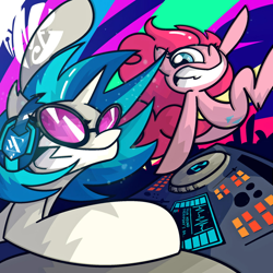 Size: 894x894 | Tagged: source needed, safe, artist:inkypsycho, dj pon-3, pinkie pie, vinyl scratch, earth pony, pony, unicorn, g4, abstract background, big smile, crowd, dj table, duo, duo female, female, glasses, headphones, horn, looking at someone, mare, multicolored background, raised hoof, rave, shading, signature, smiling, smiling at someone, turntable, vinyl's glasses, vinyl's headphones