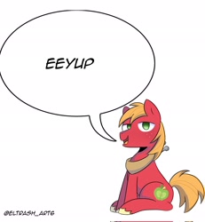 Size: 1889x2048 | Tagged: safe, artist:eltrash_art6, big macintosh, earth pony, pony, g4, big macintosh's yoke, eeyup, horse collar, male, open mouth, simple background, sitting, solo, speech bubble, stallion, unshorn fetlocks, white background