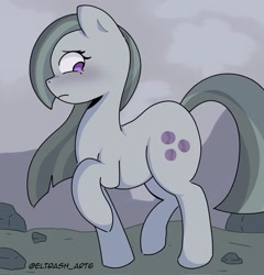 Size: 1963x2048 | Tagged: safe, artist:eltrash_art6, marble pie, earth pony, pony, g4, blushing, cute, eyelashes, female, frown, looking back, marblebetes, mare, outdoors, profile, raised hoof, raised leg, rock, rock farm, signature, solo, standing on two hooves