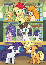 Size: 1920x2715 | Tagged: safe, artist:alexdti, applejack, bright mac, cookie crumbles, hondo flanks, pear butter, rarity, earth pony, pony, unicorn, comic:how we met, g4, blank flank, female, filly, filly applejack, filly rarity, high res, horn, male, mare, stallion, younger