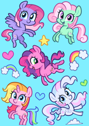 Size: 2480x3508 | Tagged: safe, artist:pilesofmiles, minty, rarity, skywishes, star catcher, starsong, earth pony, pegasus, pony, unicorn, g3, g4, chibi, g3 to g4, generation leap, horn, multicolored tail, sticker, sticker pack, tail