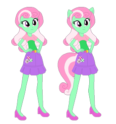 Size: 555x593 | Tagged: safe, artist:selenaede, artist:user15432, minty, human, equestria girls, g3, g4, base used, belt, clothes, cutie mark on clothes, equestria girls style, equestria girls-ified, g3 to g4, generation leap, hand on hip, high heels, ponied up, pony ears, shirt, shoes, simple background, skirt, smiling, solo, transparent background