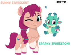 Size: 1012x790 | Tagged: safe, artist:sunsetshimmersus, sparky sparkeroni, sunny starscout, dragon, earth pony, pony, g5, baby, baby dragon, braid, coat markings, cute, duo, female, flying, lighter coat, looking at you, male, mare, name, one eye closed, simple background, socks (coat markings), transparent background, unshorn fetlocks, wink, winking at you