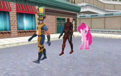 Size: 1920x1200 | Tagged: safe, artist:puzzlshield2, pinkie pie, human, pony, g4, 3d, crossover, deadpool, deadpool and wolverine, gun, katana, logan, marvel, marvel cinematic universe, mmd, recreation, sword, wade wilson, walking, weapon, wolverine