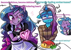 Size: 1754x1240 | Tagged: safe, artist:jully-park, comet (g5), izzy moonbow, auroricorn, unicorn, anthro, g5, blushing, checker shirt, clothes, female, food, glasses, heart hands, horn, maid, male, omurice, one eye closed, translation, wink