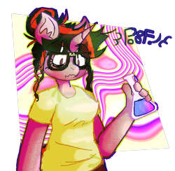 Size: 842x823 | Tagged: safe, artist:dawhitechangling, sci-twi, twilight sparkle, unicorn, anthro, g4, abstract background, bags under eyes, clothes, colored pinnae, ear fluff, frown, glasses, hair bun, holding, horn, meganekko, no catchlights, no pupils, shirt, simple background, solo, t-shirt, tied mane, transparent background, wavy mouth, yellow shirt