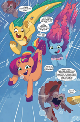 Size: 999x1536 | Tagged: safe, idw, official comic, hitch trailblazer, misty brightdawn, sunny starscout, two-eyed gilbert, seapony (g4), g5, my little pony: set your sail, set your sail #4, spoiler:comic, spoiler:g5comic, bracelet, bubble, coat markings, dorsal fin, female, fin, fins, fish tail, flowing mane, flowing tail, freckles, happy, hooves on cheeks, horn, jewelry, looking at each other, looking at someone, male, mane stripe sunny, mare, ocean, open mouth, open smile, rebirth misty, scales, sea pony (g5), seaponified, seapony hitch trailblazer, seapony misty brightdawn, seapony sunny starscout, sheriff's badge, smiling, socks (coat markings), species swap, speech bubble, stallion, swimming, tail, teeth, text, underwater, unshorn fetlocks, upside down cutie mark, water