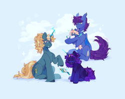 Size: 3800x3000 | Tagged: safe, artist:cofiiclouds, oc, oc only, oc:keygun, oc:maple parapet, oc:meridian, oc:serene steppe, bat pony, pony, unicorn, abstract background, bat pony oc, body freckles, chest fluff, cloven hooves, colored eyelashes, colored hooves, excitement, family, father and child, father and daughter, female, female oc, fetlock tuft, filly, filly oc, foal, food, freckles, high res, holding a pony, hooves, horn, knife, learning, leg freckles, male, male oc, mare, mare oc, mother and child, mother and daughter, pear, scar, shiny hooves, shiny mane, shiny tail, stallion, stallion oc, struggling, two toned magic, unicorn oc, watermark, wingding eyes, yellow eyelashes